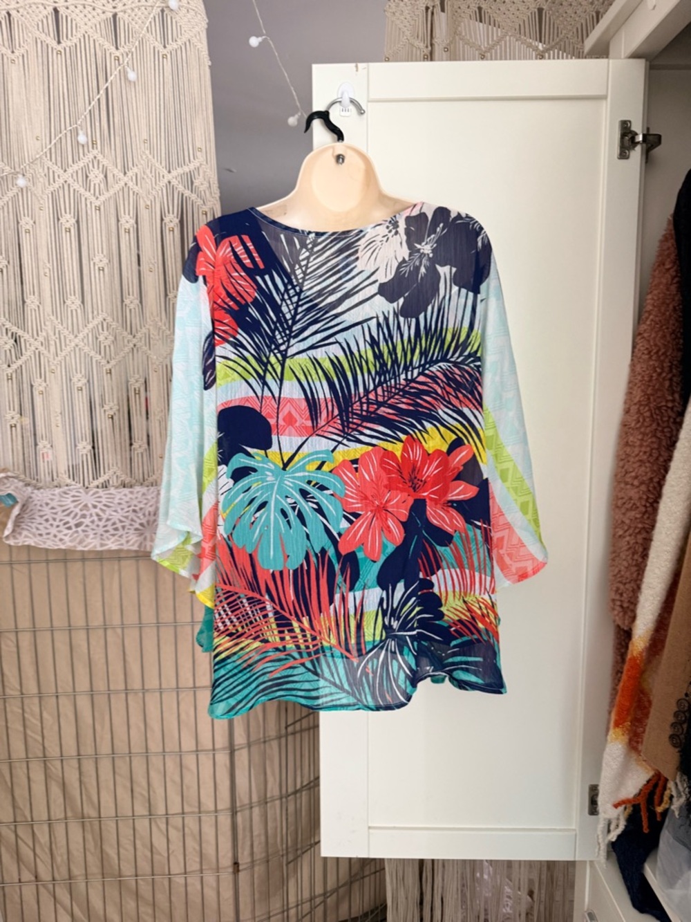 Ruby Rd. Navy Tropical Print Tunic with Coral Accents